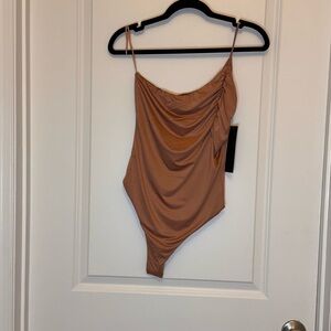 Mono B Warm Tan Bodysuit, one shoulder